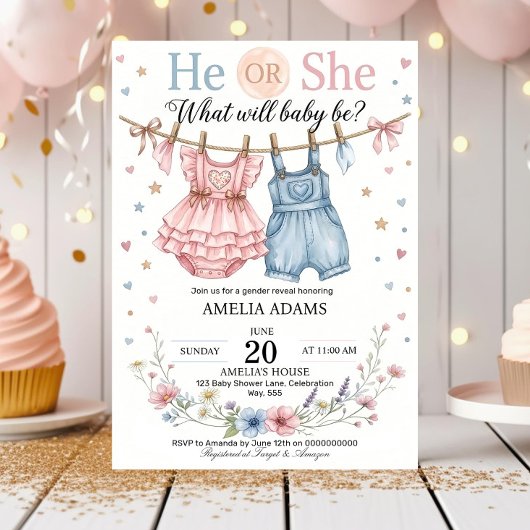Pink or Blue Baby Clothes Gender Reveal Invitation 招待状