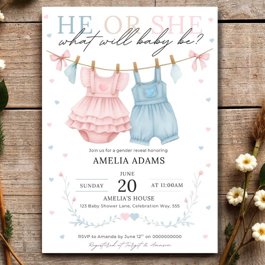 Pink or Blue Baby Clothes Gender Reveal Invitation 招待状