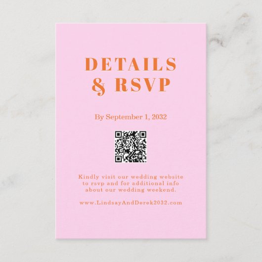 Pink Orange Bold Font QR Code Wedding RSVP  エンクロージャーカード (正面)