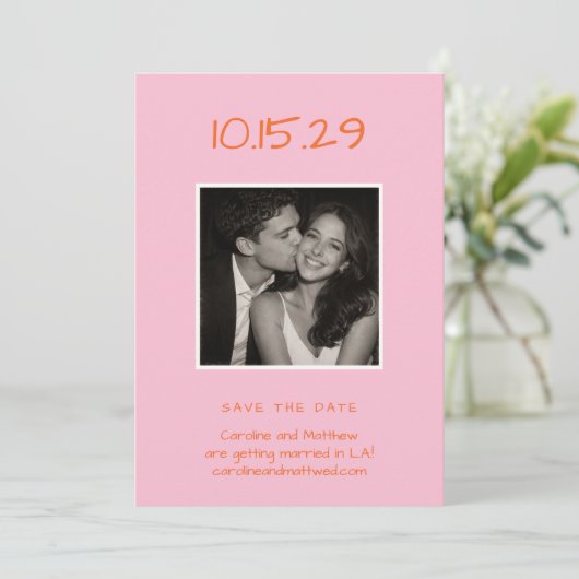 Pink Orange Bold Typography Photo Modern Wedding セーブザデート (スタンド正面)