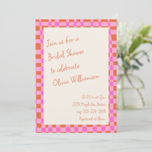 Pink Orange Checkerboard Bridal Shower Whimsical 招待状 (スタンド正面)