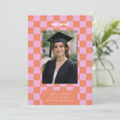 Pink Orange Checkerboard Retro Photo Our Grad 2026 案内状 (スタンド正面)