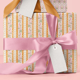 Pink Orange Dainty Floral Stripes Patterned ラッピングペーパー