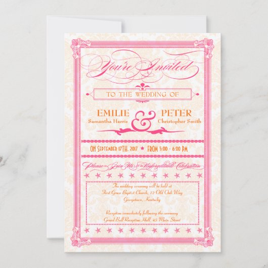 Pink & Orange Damaskポスター結婚&RSVP招待状 招待状 (正面)