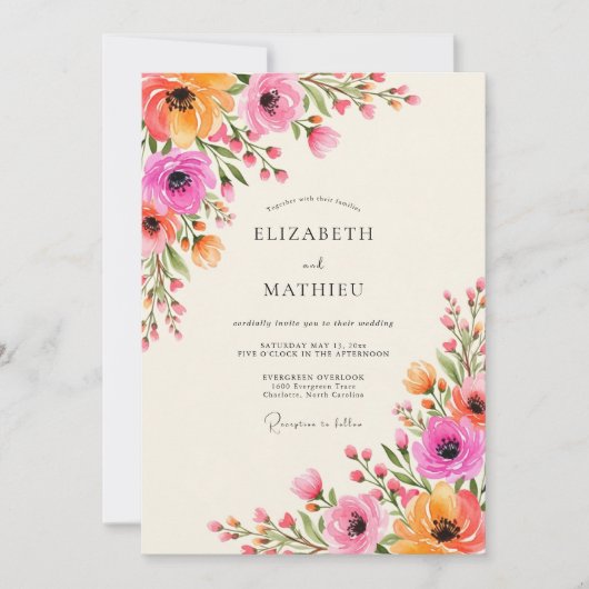 Pink Orange Floral Flourish Wedding 招待状 (正面)