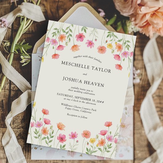 Pink Orange Floral Formal Wedding 招待状