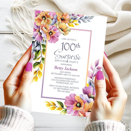 Pink Orange Floral Surprise 100th Birthday Party 招待状