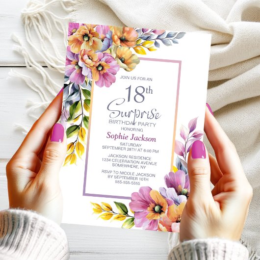 Pink Orange Floral Surprise 18th Birthday Party 招待状