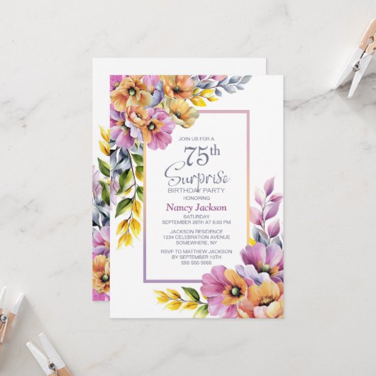 Pink Orange Floral Surprise 75th Birthday Party 招待状 (正面/裏面インサイチュ)