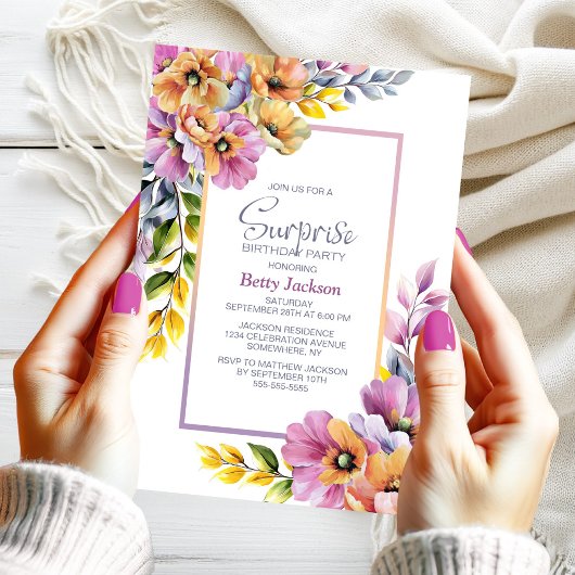 Pink Orange Floral Surprise Birthday Party 招待状