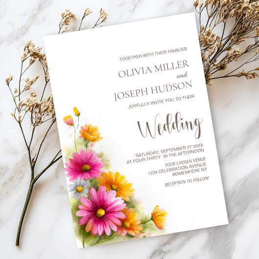 Pink Orange Floral Wedding 招待状