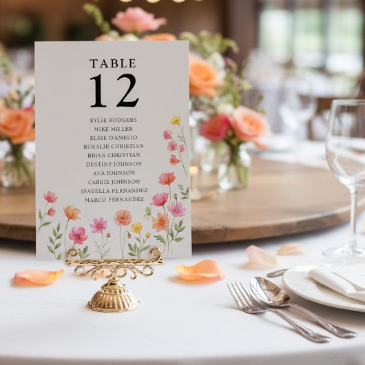 Pink Orange Flower Table Number Seating Chart Card 招待状