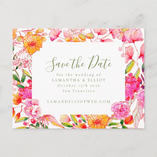 Pink Orange Flowers Wedding Budget Save the Date ポストカード (正面)