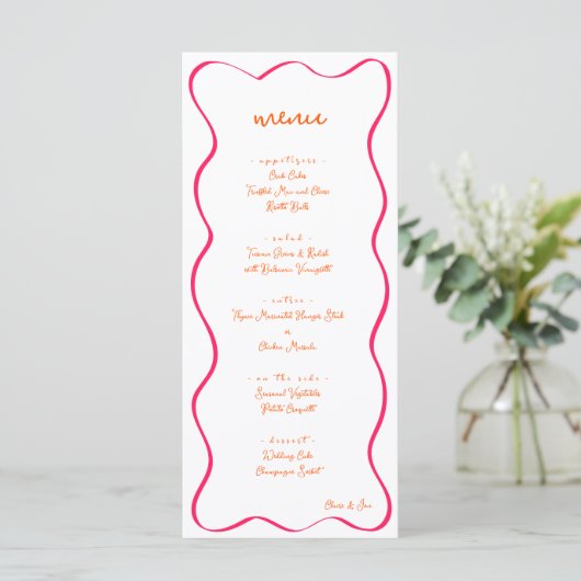 Pink & Orange Hand Drawn Curvy Border Wedding Menu メニュー (スタンド正面)