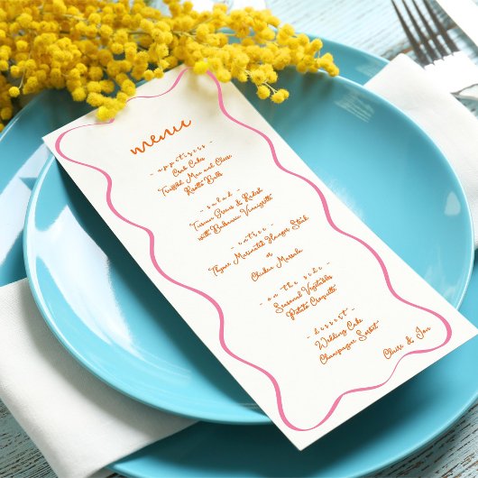 Pink & Orange Hand Drawn Curvy Border Wedding Menu メニュー
