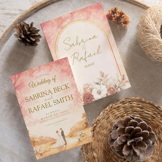 Pink Orange Pastel Watercolor Outdoor Wedding  招待状