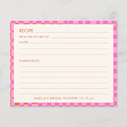 Pink Orange Personalized Bridal Shower Recipe Card (正面)