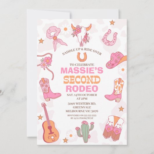 Pink Orange Retro 2nd Rodeo Birthday  招待状 (正面)