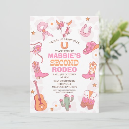Pink Orange Retro 2nd Rodeo Birthday  招待状 (スタンド正面)