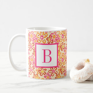 Pink Orange Retro Daisy Flowers Initial Monogram コーヒーマグカップ
