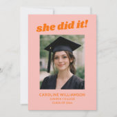 Pink Orange Retro She Did It Photo Graduation 案内状 (正面)