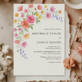 Pink Orange Watercolor Floral Photo Wedding 招待状