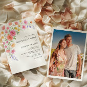 Pink Orange Watercolor Floral Photo Wedding 招待状