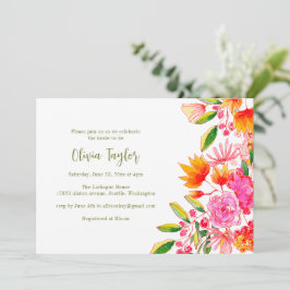 Pink Orange Watercolor Floral Spring Bridal Shower 招待状