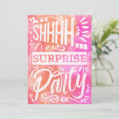 Pink Orange Watercolor Shh Surprise Birthday Party 招待状 (スタンド正面)