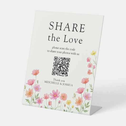 Pink Orange Wildflower Wedding QR Code 台座サイン (正面)