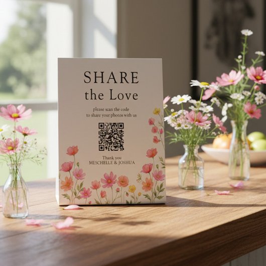 Pink Orange Wildflower Wedding QR Code 台座サイン