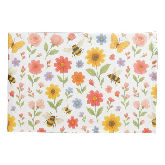 Pink Orange Yellow Floral and Bee Pattern 枕カバー (裏面)
