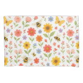 Pink Orange Yellow Floral and Bee Pattern 枕カバー (正面)