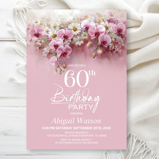 Pink Orchid Floral 60th Birthday Party 招待状