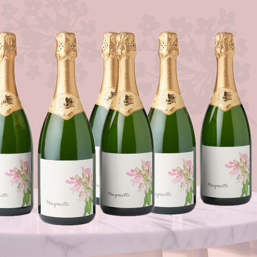 Pink Orchid Floral Design – Elegant Botanical Art スパークリングワインラベル