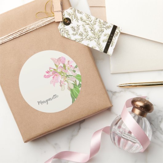 Pink Orchid Floral Design – Elegant Botanical Art ラウンドシール (ギフト)