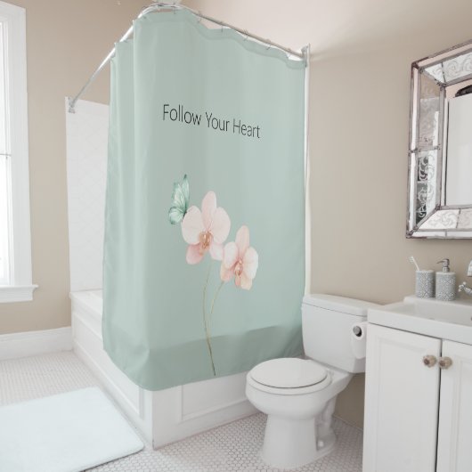 Pink Orchid Flowers Mint Green Butterfly シャワーカーテン (インサイチュ)