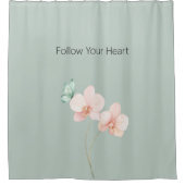 Pink Orchid Flowers Mint Green Butterfly シャワーカーテン (正面)