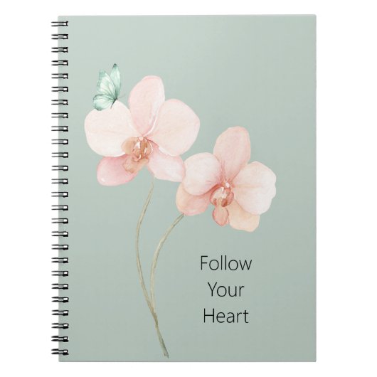 Pink Orchid Flowers Mint Green Butterfly ノートブック (正面)