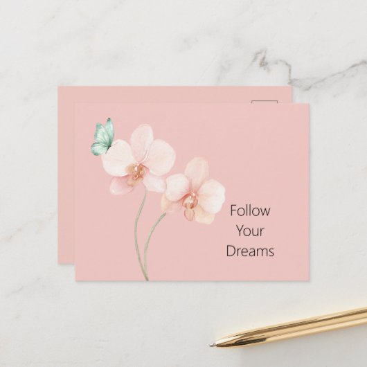 Pink Orchid Flowers Mint Green Butterfly ポストカード (正面/裏面インサイチュ)