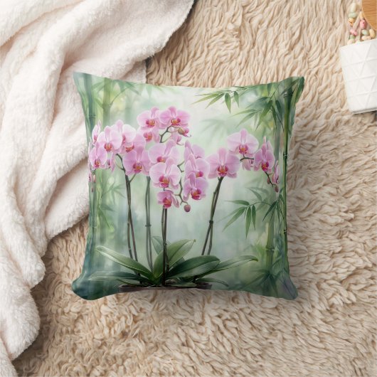 Pink Orchid Plant On Bamboo Background クッション (ブランケット)