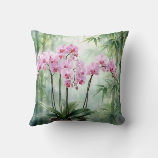 Pink Orchid Plant On Bamboo Background クッション (裏面)