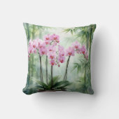 Pink Orchid Plant On Bamboo Background クッション (正面)