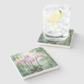 Pink Orchid Plant On Bamboo Background ストーンコースター (横)