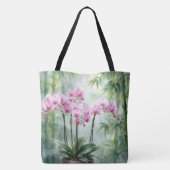 Pink Orchid Plant On Bamboo Background トートバッグ (裏面)