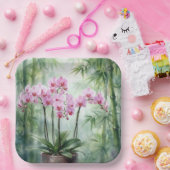 Pink Orchid Plant On Bamboo Background ペーパープレート (パーティー)