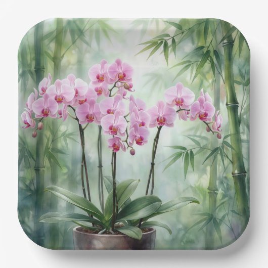 Pink Orchid Plant On Bamboo Background ペーパープレート (正面)
