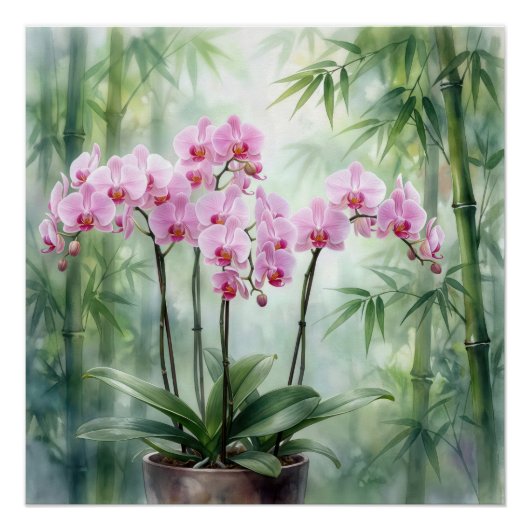 Pink Orchid Plant On Bamboo Background ポスター (正面)