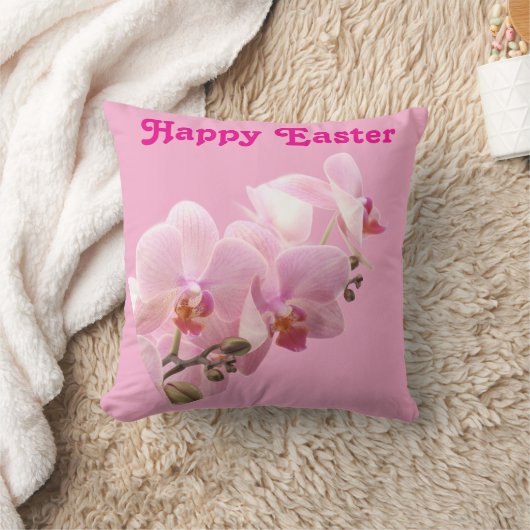 Pink Orchids “Happy Easter” Throw Pillow クッション (ブランケット)
