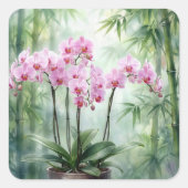 Pink Orchids On Green Bamboo Background スクエアシール (正面)